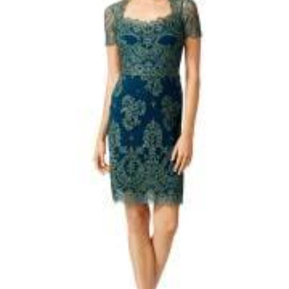 Incredible Marchesa Notte Sheath Eyelash Teal Lace Cocktail Dress - Picture 2 of 14